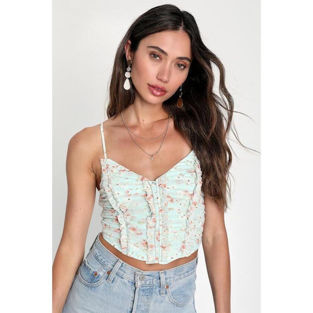 Brand New Lulus Weekend Impulse Light Blue Floral Ruffled Cropped Tank Top